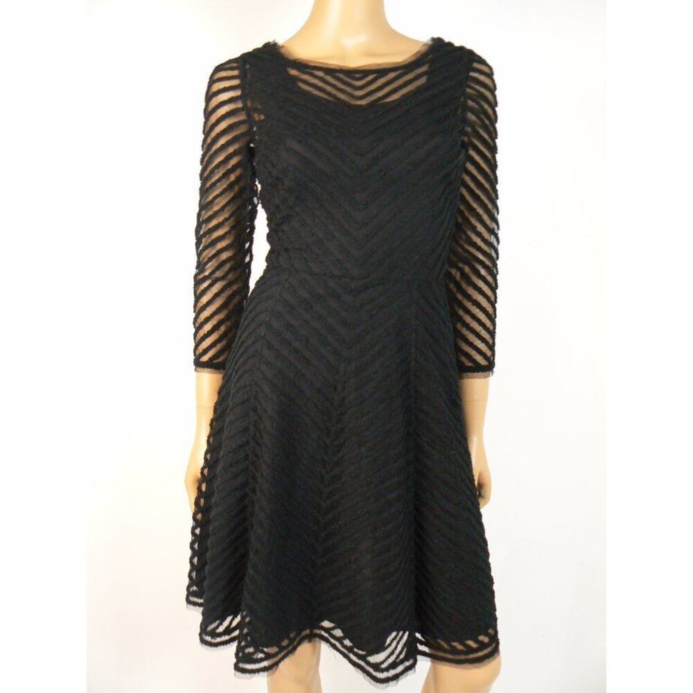 Catherine Malandrino Black Sheer Striped Mesh Embroidered Dress 2 NEW